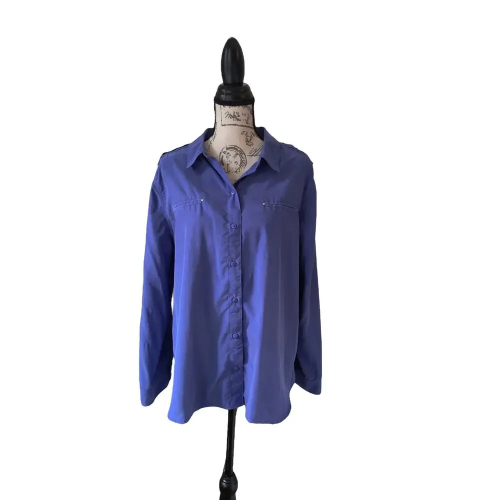 Chico's Button Up Purple Shirt Modal Blend Soft Casual Roll Tab‎ Sleeves Size XL